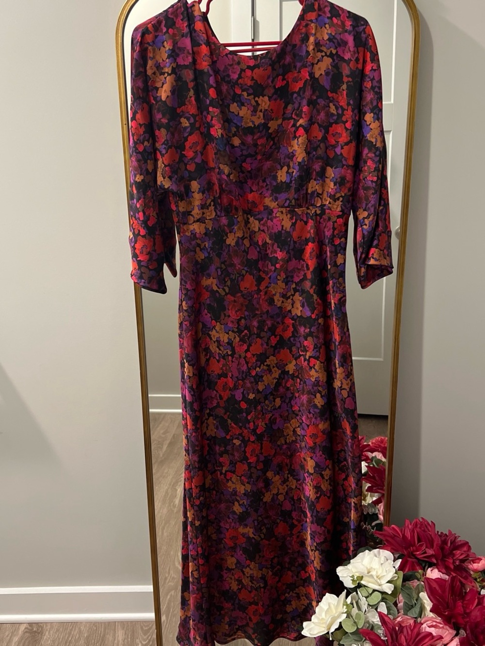 Zara Floral Midi Dress in Red, Purple & Orange